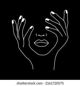 Fashion minimalist woman face  Beautiful lips  nose  hands holding face  Black background  One line drawing 