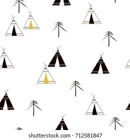 Fashion minimalistic seamless pattern with wigwam and pine forest. Vector hand drawn illustration.