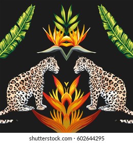 Fashion mirror composition of tropical animal tigress, flowers and palm leaves. Vector summer illustration, wallpaper on black background