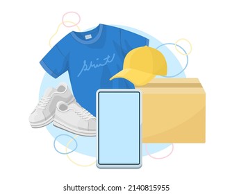 Fashion mobile services. Men's clothing. Online shopping illustrations. Blank LCD screen. 