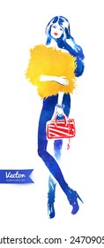 Fashion model with bag. Vector watercolor illustration.
