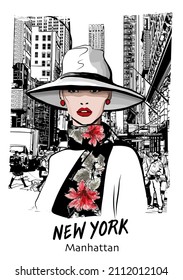 Fashion model at a big crossroads in the center of New York. Cars and pedestrians at an intersection in 5th Avenue. - vector illustration (Ideal for printing, poster or wallpaper, house decoration)  - Shutterstock ID 2112012104