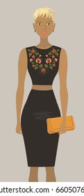 Fashion model in the black embroidered dress.Trendy outfit vector illustration 