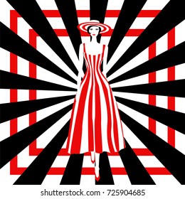 Fashion model in black and white striped dress. Stock vector illustration of fashionable woman in glamour vogue style.