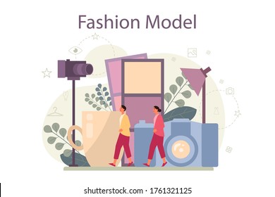 Fashion model concept. Man and woman represent new clothes at a fashion show and photoshoot. Fashion industry worker. Isolated vector illustration