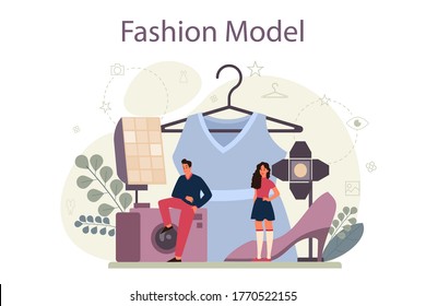 Fashion Model Concept. Man And Woman Represent New Clothes At A Fashion Show And Photoshoot. Fashion Industry Worker. Isolated Vector Illustration