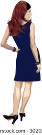 Fashion model in dark blue evening gown, back view. Vector illustration.