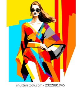 Fashion model dressed in a bright stylish multi-colored dress walks along the catwalk. Abstract female portraits, contemporary design, vector illustration
