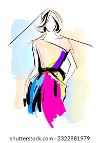 Modelo de moda vestido con un elegante vestido multicolor. Retratos femeninos abstractos, diseño contemporáneo, ilustración vectorial