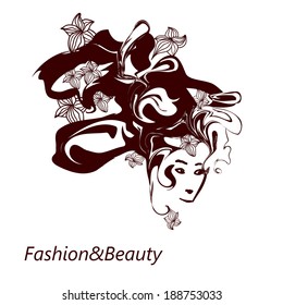 Fashion model face. Sketch.  Vector illustration. Beautiful hair.