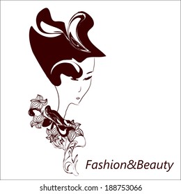 Fashion model face. Sketch.  Vector illustration. Beautiful hair.