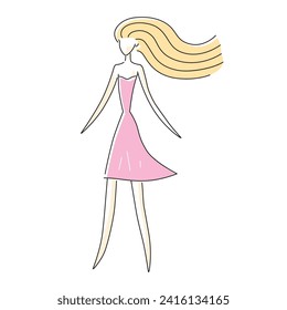 Fashion model girl in a pink dress vector sketch