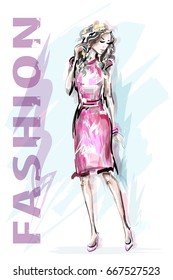 Fashion model. Hand drawn beautiful fashion woman. Stylish girl. Sketch. Vector illustration.