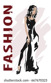 Fashion model. Hand drawn beautiful fashion woman. Stylish girl. Sketch. Vector illustration.
