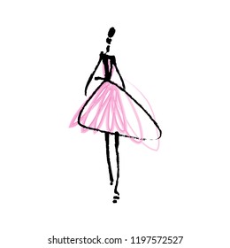 Fashion model hand drawn sketch, stylized ink and watercolor silhouette isolated on white background. Vector illustration