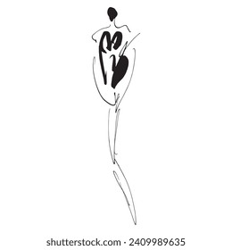 Fashion Model Illustration, Stylish Sketch.Hand Drawn Outfit look. Fashion Designer Style.Stylized Fashion Model Print. Placement Print.