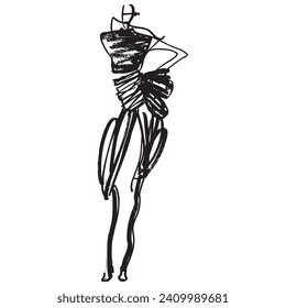 Fashion Model Illustration, Stylish Sketch.Hand Drawn Outfit look. Fashion Designer Style.Stylized Fashion Model Print. Placement Print.