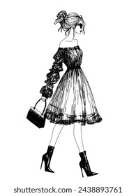 fashion model illustration fashion woman runway sketch ink pen drawing with top model wearing trendy designer clothes, vector fashion show catwalk pencil drawing with elegant dress, sunglasses, heels