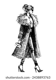 fashion model illustration fashion woman runway sketch ink pen drawing with top model wearing trendy designer clothes, vector fashion show catwalk pencil drawing with elegant faux fur coat, sunglasses