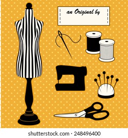 Fashion model mannequin in black and white stripes, polka dot design on gold background. DIY tailoring tools, sewing machine, Original by label, needle, thread, pincushion, scissors, EPS8 compatible.