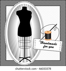 Fashion Model Mannequin, Needle, Thread, Black And White Gingham Check Frame, Polka Dot Background, Tailor's Dress Form In Black, Handmade For You Sewing Label With Copy Space. EPS8 Compatible.