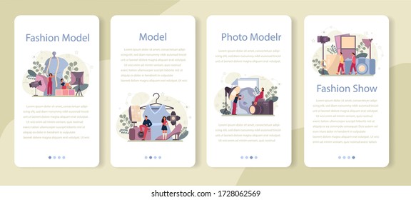 Fashion model mobile application banner set. Man and woman represent new clothes at a fashion show and photoshoot. Fashion industry worker. Isolated vector illustration