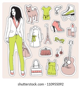 Fashion model office girl with guitar and dog pattern crafty illustration in vector