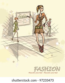 Fashion model on podium. Vector illustration. Eps 8.