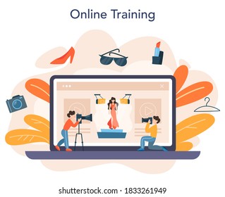 Fashion model online service or platform. Man and woman represent new clothes at fashion show and photoshoot. Online training. Isolated vector illustration