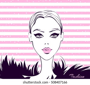 Fashion model portrait. Vector fashion illustration with young girl. Beautiful face. Cute girl. Fashionable graphic in vogue style.