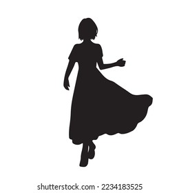 Fashion model pose style walking with long flowy dress vector icon Silhouette isolated on plain white background. Black pictogram of female teen woman drawing with simple flat art style semi realism.