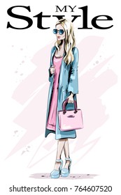 Fashion model posing. Beautiful blond hair woman with bag. Stylish woman in coat. Sketch. Vector illustration.