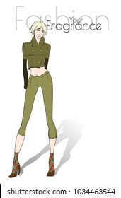 Fashion model posing. Beautiful young woman in jacket and khaki pants. Fashion woman. Hand drawn girl in a jacket and pants. Sketch. Vector illustration