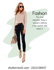 Modelo de moda posando. Hermosa joven mujer. Mujer de moda con bolso. Chica dibujada a mano con gafas de sol sobre un hermoso fondo y la inscripción. Ilustración vectorial glamour chica callejera.