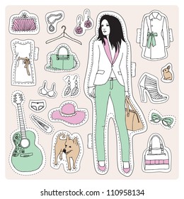 Fashion model posing for clothes and high heels illustration pattern crafty vector set