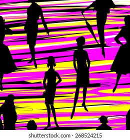 Fashion model posing in an elegant retro women dress seamless pattern. Vintage 1960s style background.