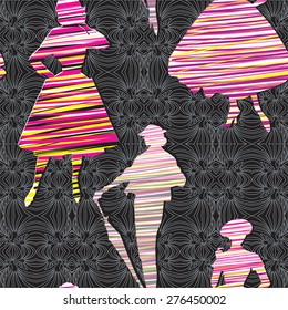 Fashion model posing in an elegant retro dress seamless pattern. Vintage watercolor background.
