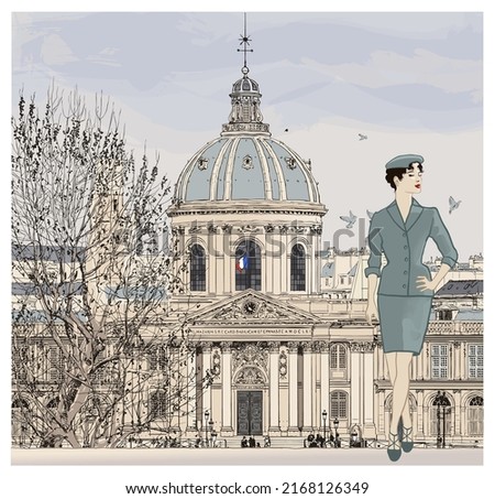 Fashion model posing on famous pont des arts crossing the Seine river in Paris - (Ideal for printing, poster or wallpaper, house decoration) 