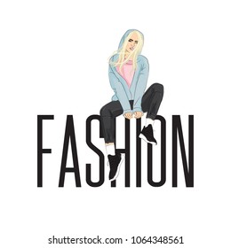 Fashion model posing on huge letters. Beautiful young blonde woman in hoodie and pants. Fashion woman street style poster. Hand drawn dope girl Sketch. Vector illustration
