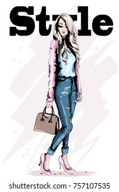 Fashion model posing. Stylish beautiful young woman with bag. Hand drawn blond hair woman. Sketch. Vector illustration.