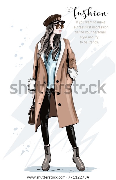 ファッションモデルのポーズ コートと帽子を着たスタイリッシュな美しい女性 手描きのファッション女性 スケッチ ベクターイラスト のベクター画像素材 ロイヤリティフリー