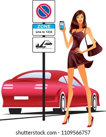 Fashion model sending sms for parking of car - vector illustration
