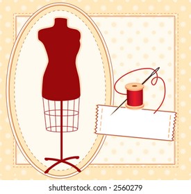 FASHION MODEL. Sewing label, copy space to add name, female dress mannequin, silver needle, red thread, quilted pattern frame for sewing, tailoring, do it yourself crafts. EPS8 compatible.