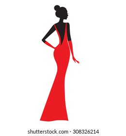 Fashion model.  Silhouette of beautiful woman in  red dress vector illustration.