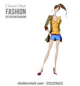 Fashion model. Sketch silhouette. Vector draw model. Vector fashion style. Fashion glamour background. Vintage yellow dress. Business fashion style. Casual style. Colorful clothing. 