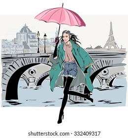 Fashion model in sketch style fall winter with Paris city background. Hand drawn vector illustration