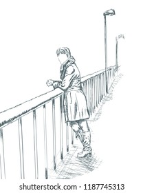 Fashion model in sketch style on bridge. Autumn season. Hand drawn illustration