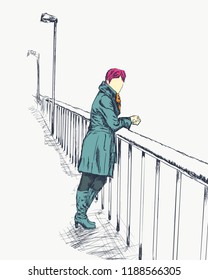 Fashion model in sketch style on bridge. Autumn season. Hand drawn illustration