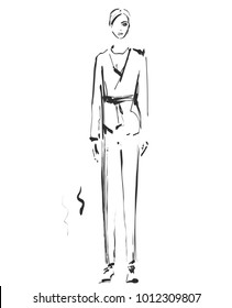 Fashion model. Sketch. Vector illustration. Girl in the suit with pants