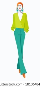 Fashion model in spring summer clothes. Pretty girl in a lime blouse and green trousers. Fashion concept.